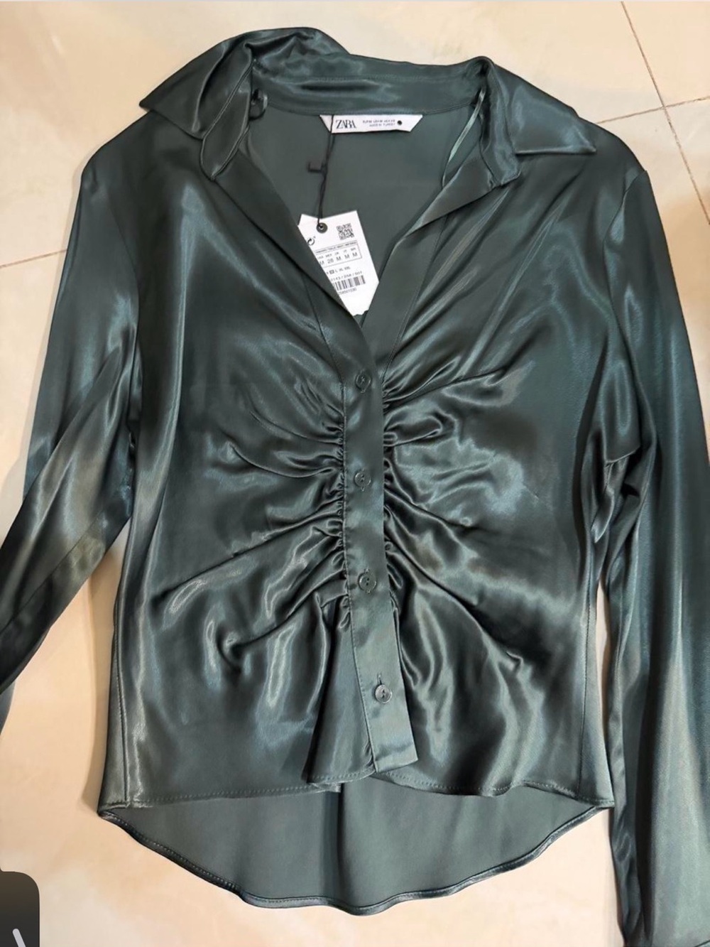 Zara Emerald Green Satin Ruched Button-Front Shirt